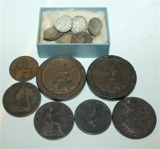 Two 1797 cartwheel twopence, 2 silver fourpence (1836-7), 11 silver 3d, (1879-1920) & sundry coinage